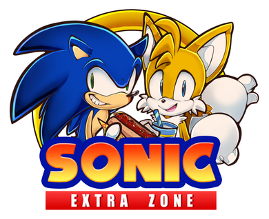 Le logo avec texte de la Sonic Extra Zone, on peut y voir un anneau contenant Sonic avec un chili dog et Tails avec une boisson Chao. Le logo a en première ligne le mot "SONIC" et en seconde ligne les mots "EXTRA ZONE"