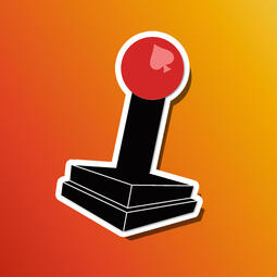 Le logo de Life Up. On peut y voir un joystick noir avec un embout rouge, le tout avec un contour blanc sur un fond orange-jaune