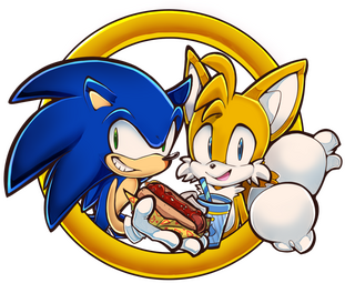 Le logo sans texte de la Sonic Extra Zone, on peut y voir un anneau contenant Sonic avec un chili dog et Tails avec une boisson Chao.