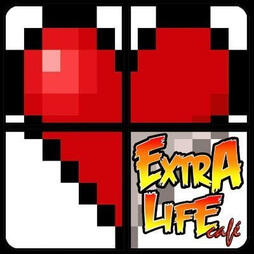 Le logo carré de l'Extra Life Café. On peut y voir un coeur séparé en quatre, avec dans le coin gauche un texte avec écrit "EXTRA LIFE café"
